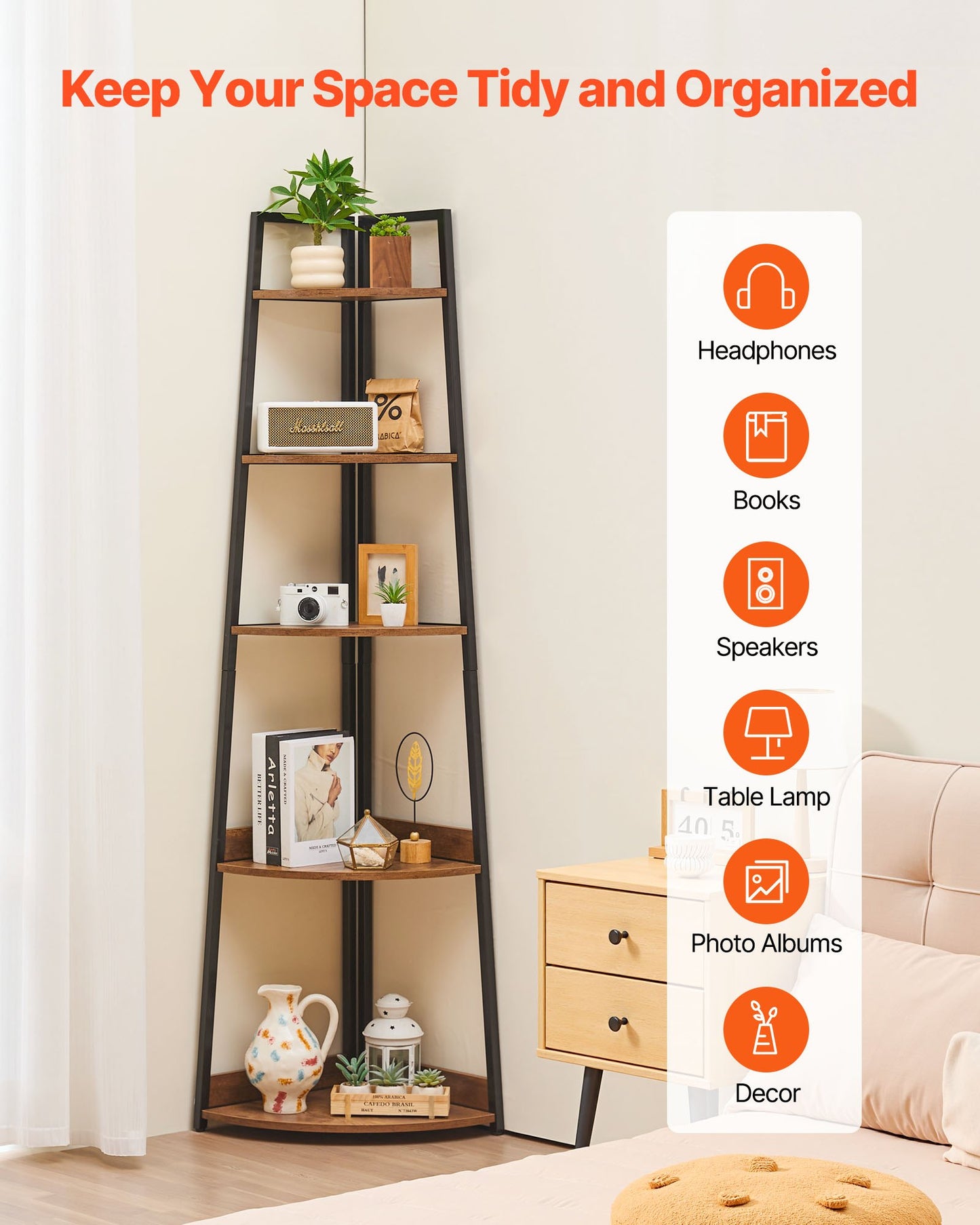 5 Tier Corner Shelf, 70" Tall Corner Bookshelf With Metal Frame & Wooden Shelves, Industrial Corner Ladder Shelf For Living Room, Bedroom, Office, Rustic Brown