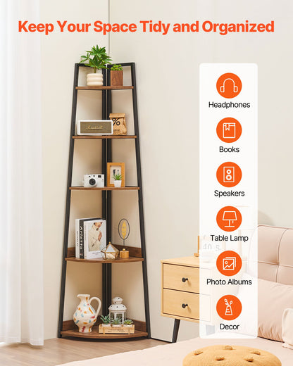 5 Tier Corner Shelf, 70" Tall Corner Bookshelf With Metal Frame & Wooden Shelves, Industrial Corner Ladder Shelf For Living Room, Bedroom, Office, Rustic Brown