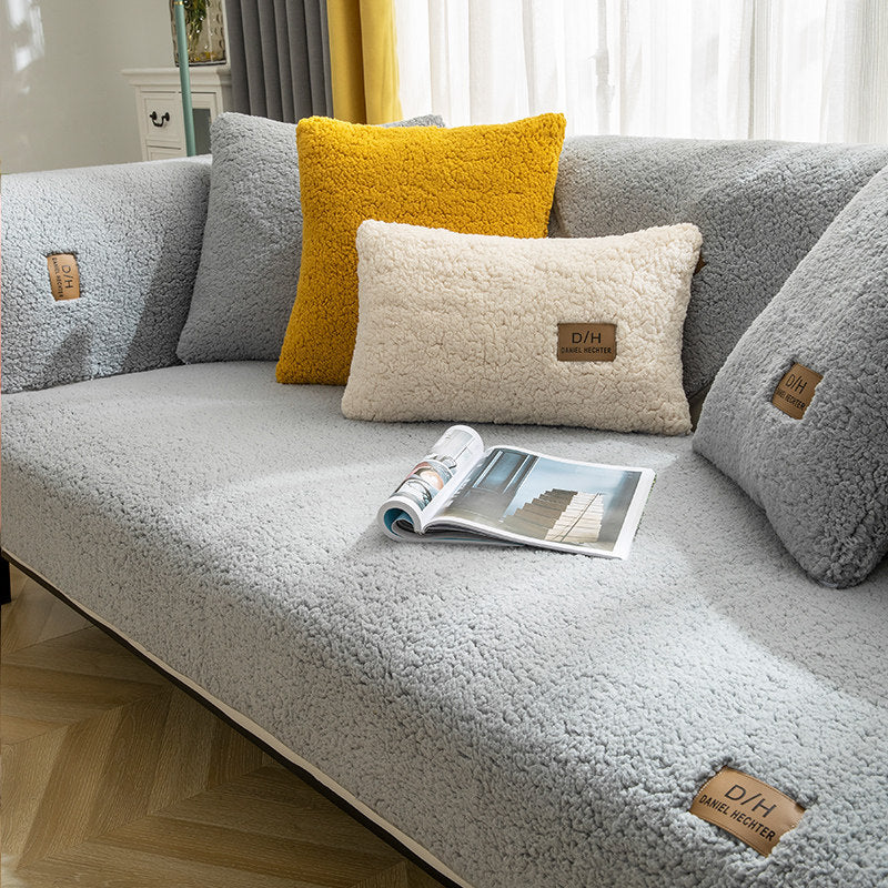 Modern Solid Color Lamb Wool Sofa Cover Anti-Slip Plush Sofa Towel
