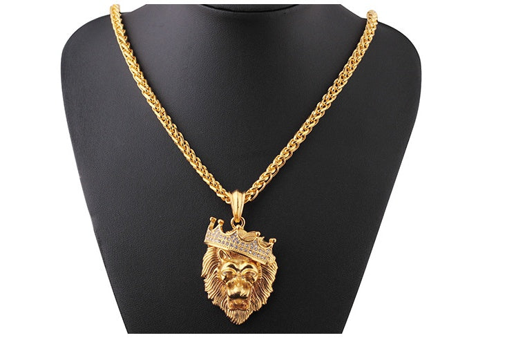 Diamond Crown Lion Necklace – Hip Hop Luminous Gold-Plated Pendant