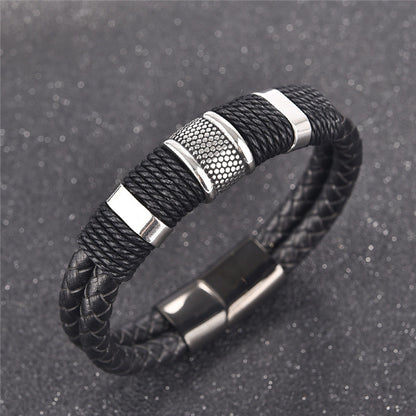 Bracelet en cuir tressé noir – Bracelet jonc en acier inoxydable et titane pour homme