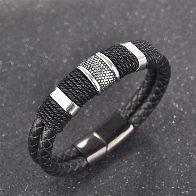 Bracelet en cuir tressé noir – Bracelet jonc en acier inoxydable et titane pour homme