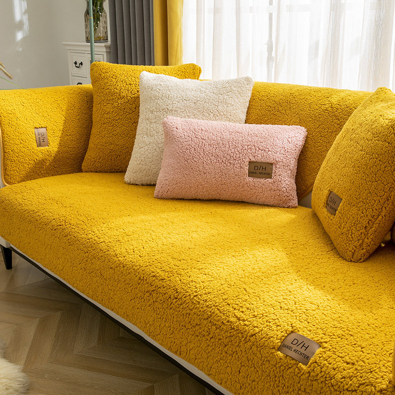 Modern Solid Color Lamb Wool Sofa Cover Anti-Slip Plush Sofa Towel