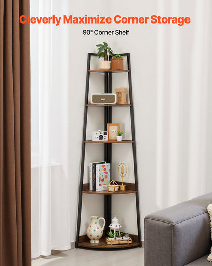 5 Tier Corner Shelf, 70" Tall Corner Bookshelf With Metal Frame & Wooden Shelves, Industrial Corner Ladder Shelf For Living Room, Bedroom, Office, Rustic Brown
