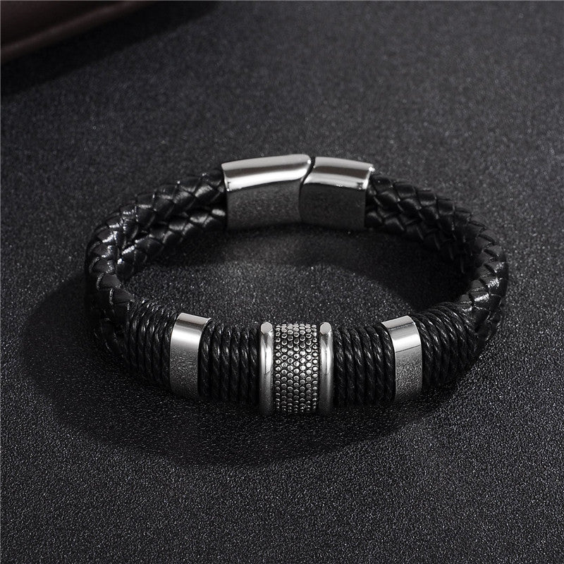 Bracelet en cuir tressé noir – Bracelet jonc en acier inoxydable et titane pour homme