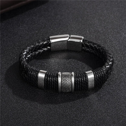 Bracelet en cuir tressé noir – Bracelet jonc en acier inoxydable et titane pour homme