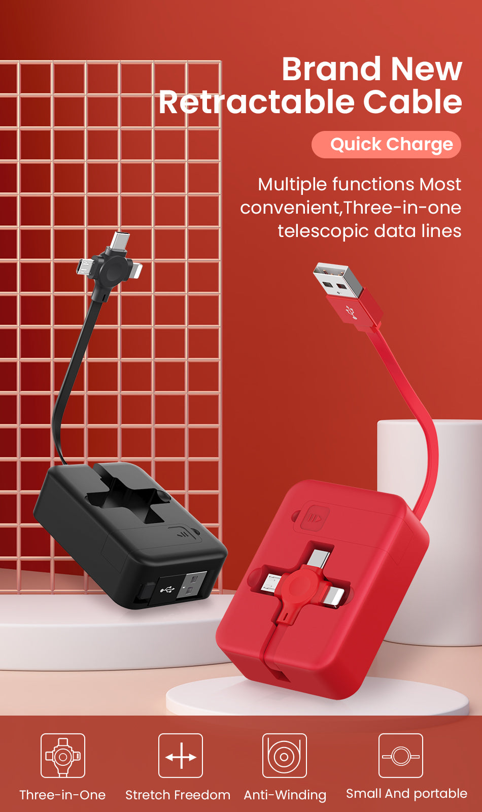 4 In 1 Retractable USB Cable with Phone Stand and Storage Box