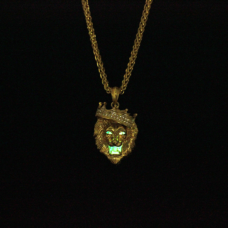 Diamond Crown Lion Necklace – Hip Hop Luminous Gold-Plated Pendant