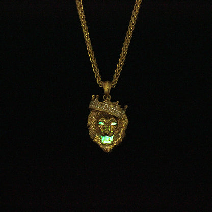 Diamond Crown Lion Necklace – Hip Hop Luminous Gold-Plated Pendant