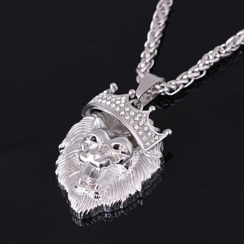 Diamond Crown Lion Necklace – Hip Hop Luminous Gold-Plated Pendant