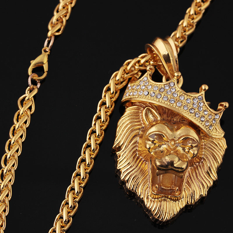 Diamond Crown Lion Necklace – Hip Hop Luminous Gold-Plated Pendant