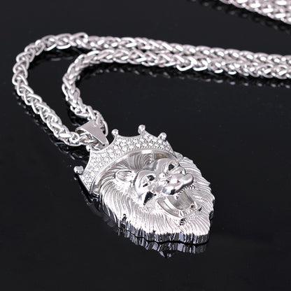 Diamond Crown Lion Necklace – Hip Hop Luminous Gold-Plated Pendant