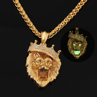 Diamond Crown Lion Necklace – Hip Hop Luminous Gold-Plated Pendant