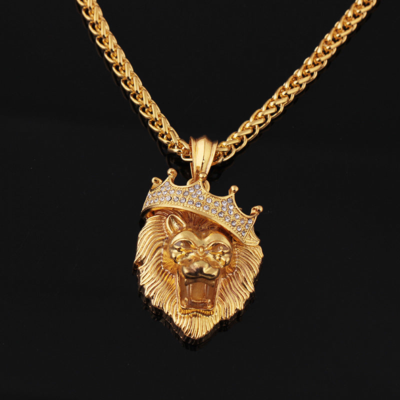 Diamond Crown Lion Necklace – Hip Hop Luminous Gold-Plated Pendant