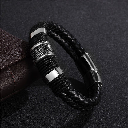 Bracelet en cuir tressé noir – Bracelet jonc en acier inoxydable et titane pour homme