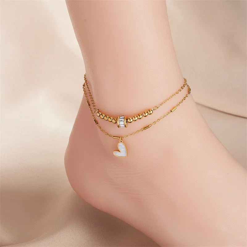 Boho Love Heart Anklet – Double Layer Chain Bracelet for Women