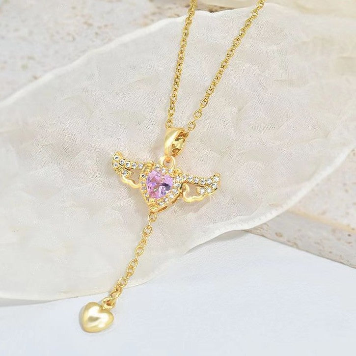 Moving Cupid Heart Angel Wings Tassel Necklace – Romantic Jewelry Gift for Women