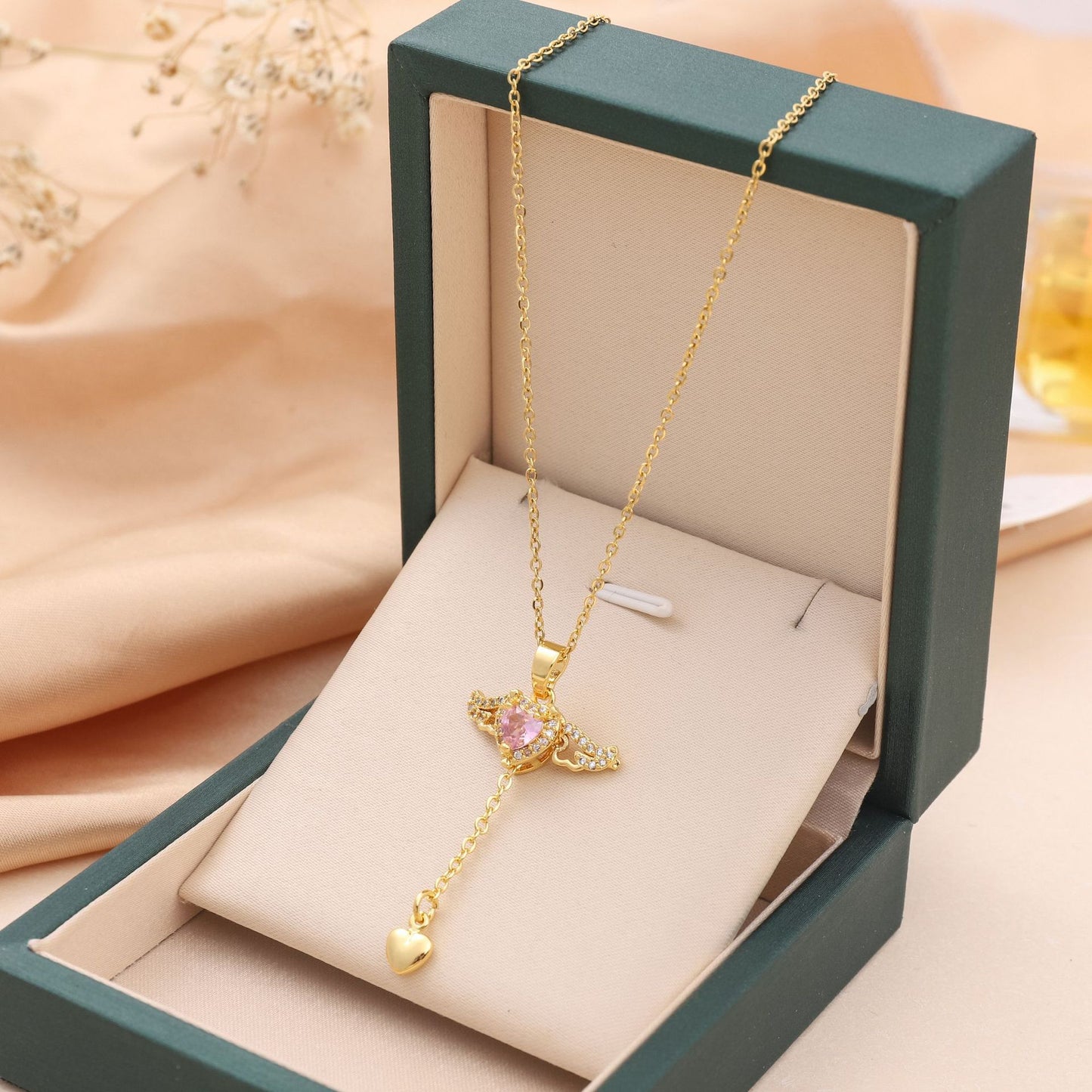 Moving Cupid Heart Angel Wings Tassel Necklace – Romantic Jewelry Gift for Women