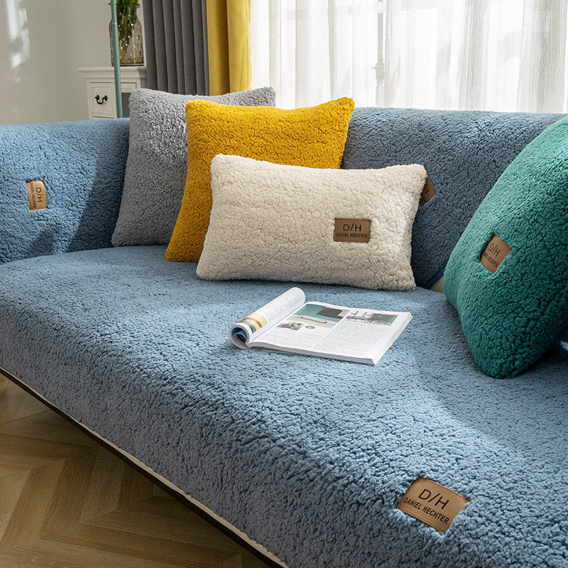 Modern Solid Color Lamb Wool Sofa Cover Anti-Slip Plush Sofa Towel