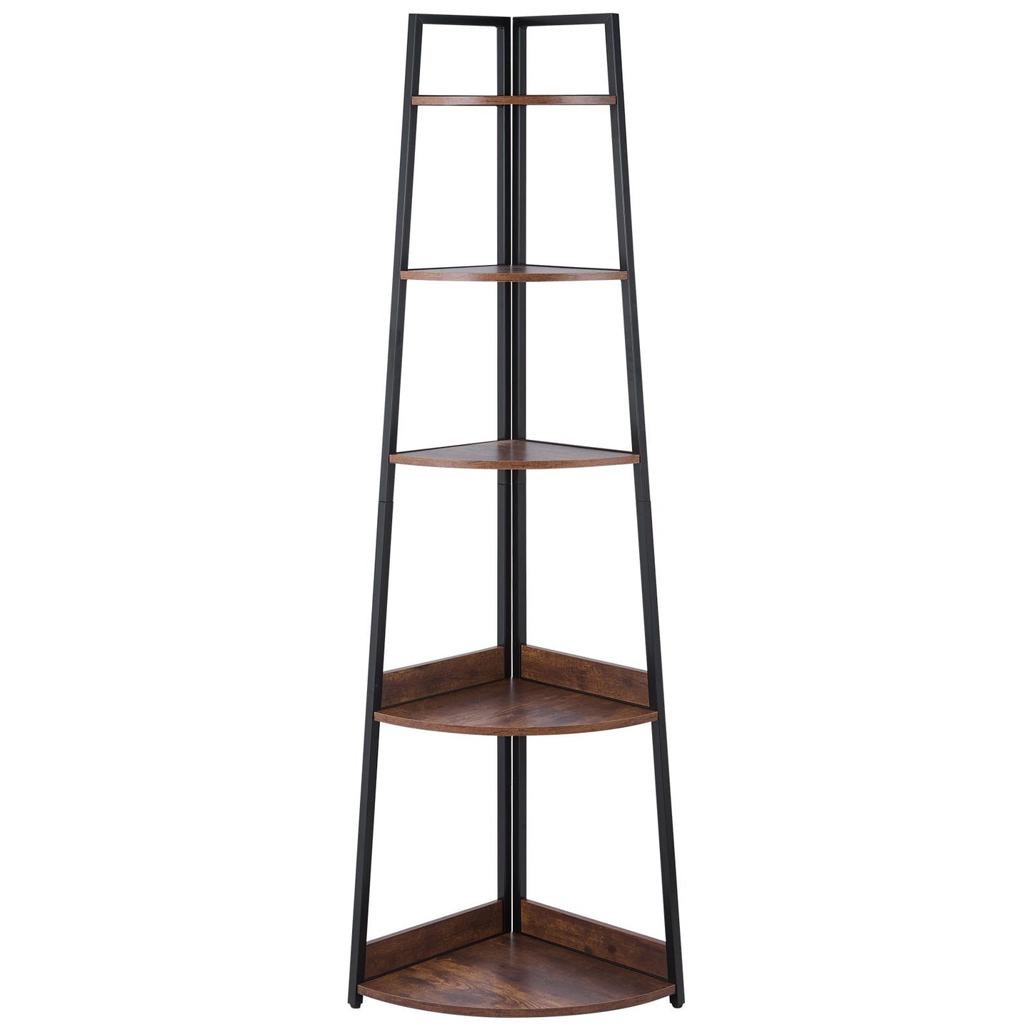 5 Tier Corner Shelf, 70" Tall Corner Bookshelf With Metal Frame & Wooden Shelves, Industrial Corner Ladder Shelf For Living Room, Bedroom, Office, Rustic Brown