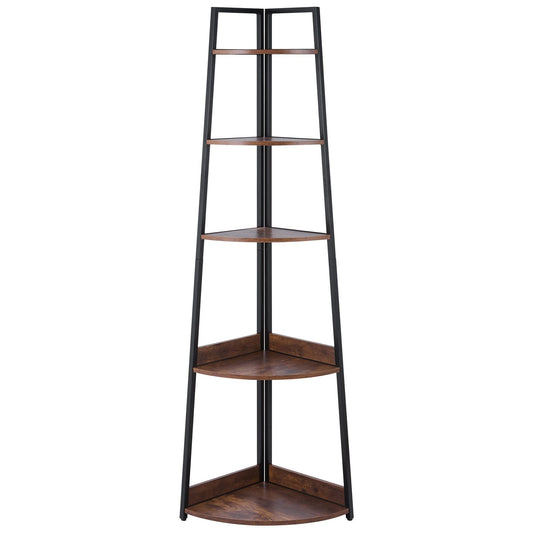5 Tier Corner Shelf, 70" Tall Corner Bookshelf With Metal Frame & Wooden Shelves, Industrial Corner Ladder Shelf For Living Room, Bedroom, Office, Rustic Brown