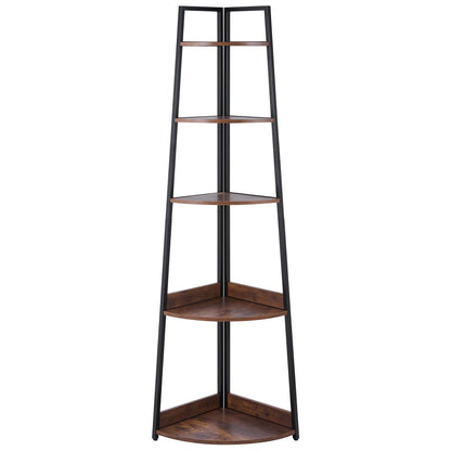 5 Tier Corner Shelf, 70" Tall Corner Bookshelf With Metal Frame & Wooden Shelves, Industrial Corner Ladder Shelf For Living Room, Bedroom, Office, Rustic Brown