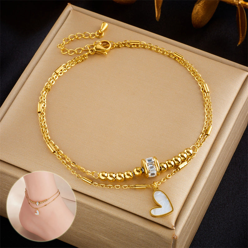 Boho Love Heart Anklet – Double Layer Chain Bracelet for Women