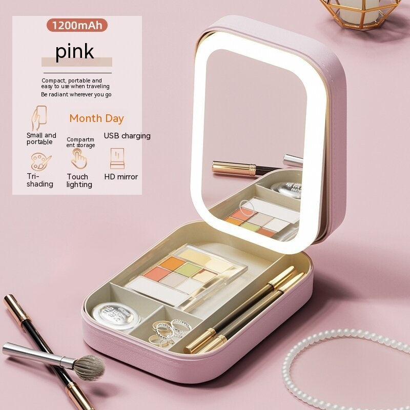 Makeup Storage Box With LED Light Mirror Portable Travel Makeup Organizer