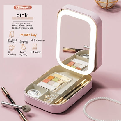 Makeup Storage Box With LED Light Mirror Portable Travel Makeup Organizer