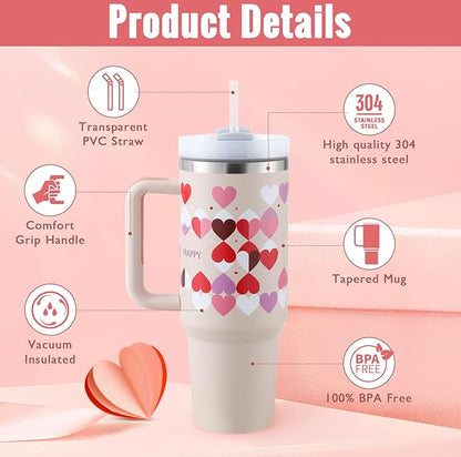 40oz Insulated Tumbler with Handle & Straw – Stainless Steel Travel Mug