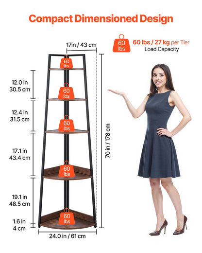 5 Tier Corner Shelf, 70" Tall Corner Bookshelf With Metal Frame & Wooden Shelves, Industrial Corner Ladder Shelf For Living Room, Bedroom, Office, Rustic Brown